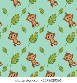 Seamless Pattern of Adorable Cartoon Monkeys and Tropical Leaves