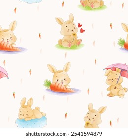 Seamless pattern of adorable cartoon rabbits with carrots in various playful poses.