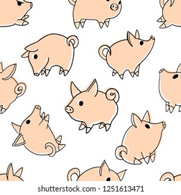Seamless pattern with adorable cartoon style vector pigs on white background