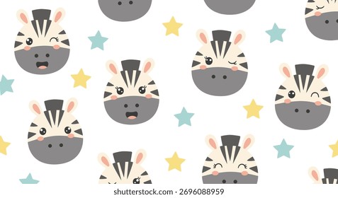Seamless pattern of adorable cartoon zebra heads with various expressions and scattered yellow and blue stars on a clean white background, ideal for children's designs.
