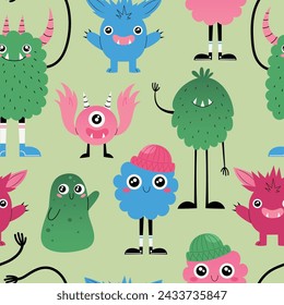 Seamless pattern with adorable childish monster creatures waving hands, happy to see you. Hand drawn vector illustration