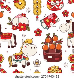 Patrón sin fisuras adorable garabato de año nuevo chino. Ilustración vectorial.