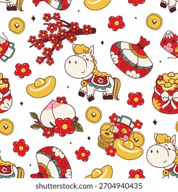 Seamless pattern adorable chinese new year doodle. Vector Illustration.