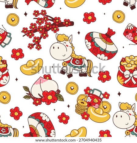 Seamless pattern adorable chinese new year doodle. Vector Illustration.