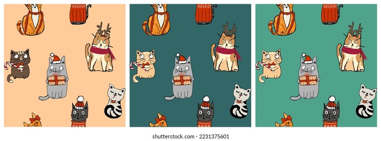 Seamless pattern of adorable Christmas cats with holiday elements - Santa hat, candy cane, ugly sweater.  Cute pet animals, funny Xmas Vector background. Festive winter holiday wrapping paper design. 