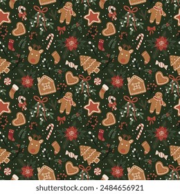 Seamless pattern with adorable Christmas cookies, candy canes, mistletoe, and poinsettia. Perfect for fabric printing, wrapping paper, greeting cards, and festive home decor