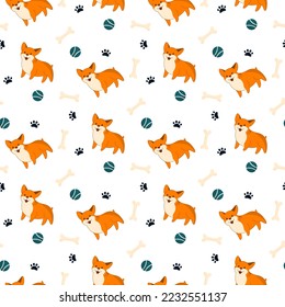 seamless pattern with adorable corgi puppies and pets accessories 