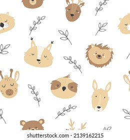 Seamless pattern with adorable cute animals and twigs. Vector illustration for baby prints, wallpaper, wrapping paper