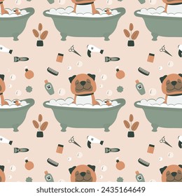 Patrón sin costuras con perro adorable está lavando en el baño. Acicalamiento. Textura con lindo bulldog en bañera. Diversas herramientas para el aseo de perros. Papel pintado para mascotas, decoración. ilustración vectorial plana