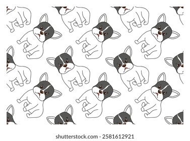 Seamless pattern with adorable french bulldog puppy - character with happy faces. Vector pattern for fabric, cover, wrapping paper.