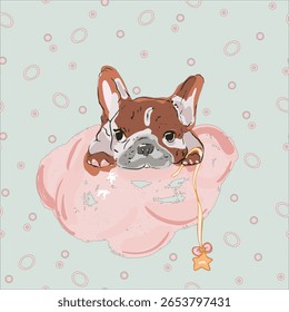 The seamless pattern with an adorable French bulldog on a fluffy pink cloud with a hanging star charm, in soft pastel tones. Perfect for kids bedding, nursery wallpaper, and baby any accessories