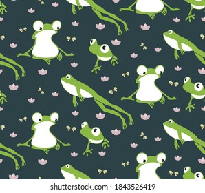 Seamless pattern with adorable green frogs on a dark background. Amphibians with big eyes, jumping, sitting, watching flying insects.