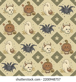 Seamless pattern of adorable halloween characters. Cute ghosts, skeleton, pumpkin and bat are caroling. Trick or treat. jack o lantern. For wallpaper, printing on fabric, wrapping, background