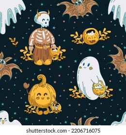 Seamless pattern, adorable Halloween characters. Cute ghosts, a skeleton, a pumpkin and a bat are caroling. Trick or treat. jack o lantern. vintage lettering. For wallpaper, fabric, wrapping