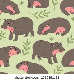 Seamless pattern with adorable hippo babies, hippopotamus cubs. Hand drawn vector illustration