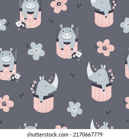 Patrón sin foco con adorables hipopótamos y rinocerontes en los bolsillos. Adecuado para diferentes impresiones, decoración de vivero, papel de envoltura, tapicería, diseño de tela.