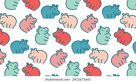 A seamless pattern of adorable hippos in various shades of blue, red and yellow set against a crisp white background. Playfully hippos arranged in different poses. - Vector