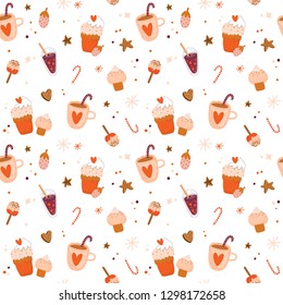 Seamless pattern with adorable illustration of stylish romantic elements. Valentines day illustrational with sweets, cups, candies. White vector background. Good for fabric design and wrapping paper