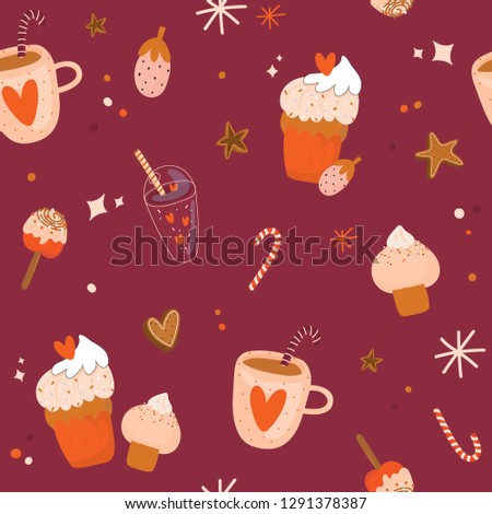 Seamless pattern with adorable illustration of stylish romantic elements. Valentines day illustrational with sweets, cups, candies. Color vector background. Good for fabric design and wrapping paper