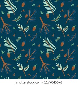 Seamless pattern with adorable illustration of stylized flowers and leafs. Botanical illustrational with branches and cones. Color vector background. Good for fabric design and wrapping paper