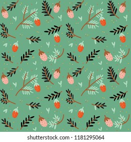Seamless pattern with adorable illustration of stylized cones, tree branch and leafs. Botanical illustrational with branches and cones. Color vector background. Good fabric design and wrapping paper