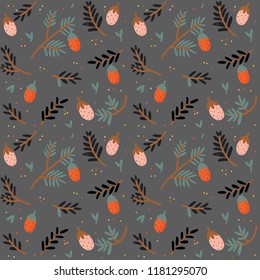 Seamless pattern with adorable illustration of stylized cones, tree branch and leafs. Botanical illustrational with branches and cones. Color vector background. Good fabric design and wrapping paper