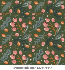 Seamless pattern with adorable illustration of stylized flowers, branches and leafs. Scandinavian botanical illustrational. Color vector background. Good fabric design and wrapping paper