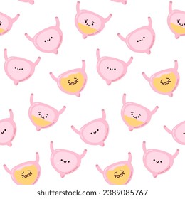 Patrón inmaculado adorable órgano humano kawaii. La vejiga infeliz, feliz y vergonzosa, el problema de la incontinencia, la ilustración infantil.