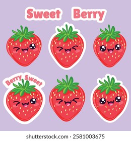 Seamless pattern with adorable kawaii strawberries. Perfect for stickers, scrapbooking, textile prints, and digital backgrounds. Cute and playful design for kids and summer themes