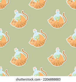 Seamless pattern of adorable kitten cat with Halloween cartoon in flat style