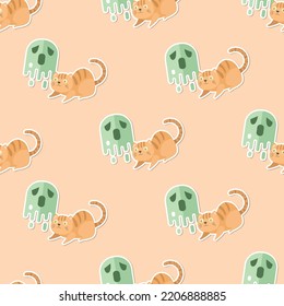 Seamless pattern of adorable kitten with Halloween cartoon in flat style
