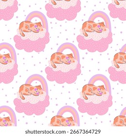 Seamless pattern with adorable kitten sleeping on cloud white background in flat style. Cute illustration with cats, rainbows for design of kids clothes, textiles, wallpaper, wrapping paper. Vector