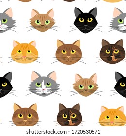 Seamless pattern with adorable kittens. Сartoon Cat's Heads on White Background.  vector illustration. 