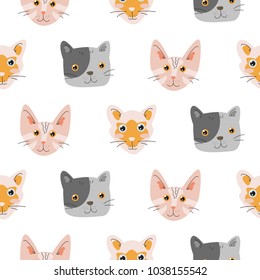 Seamless pattern with adorable kittens. Cute cat heads repeat background for child apparel design.