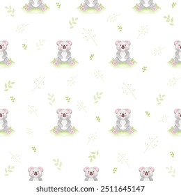 Seamless pattern of adorable koalas in various poses with floral and foliage accents on a white background. Perfect for textiles, wallpapers, and children’s products.