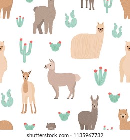 Seamless pattern with adorable llamas hand drawn on white background. Backdrop with funny wild Andean animals and cactuses. Childish flat cartoon vector illustration for wrapping paper, textile print