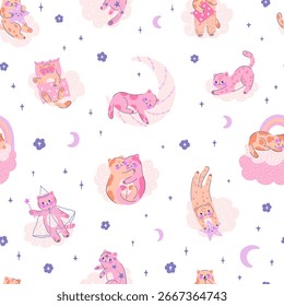 Padrão contínuo com gatinhos mágicos adoráveis no fundo branco. Ilustração suave com gato, lua, estrela, flor para o design de roupas de crianças, têxteis, papel de parede, papel de embrulho. Vetor