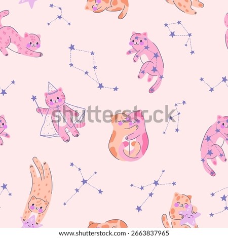 Seamless pattern with adorable magical kittens on pink background. Cute illustration with cat, constellation, star for design of kids clothes, textiles, wallpaper, wrapping paper. Vector