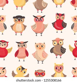 Seamless pattern with adorable owls on white background. Backdrop with cartoon forest birds or cute funny owlets. Colorful flat vector illustration for wrapping paper, fabric print, wallpaper.