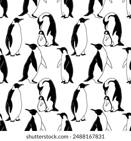Seamless pattern with adorable penguins, great for backgrounds, textiles, and stationery. Perfect for adding a fun and whimsical touch to your designs. Ideal Seamless pattern featuring cute penguins.