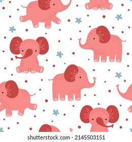 Seamless pattern with adorable pink elephants. Cartoon elephants for textiles, wallpaper, background. Vector illustration for kids.