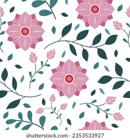 Seamless pattern with adorable pink flowers on a white background.