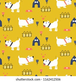 Seamless pattern with adorable puppies yellow background.