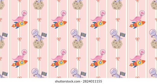 seamless pattern with adorable purple and pink dinosaurs riding colorful rockets near moons on soft pink stripes for kids decor
