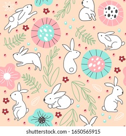 Seamless pattern with adorable rabbits and floral elements. Creative design for fabric, wrapping, textile, wallpaper, apparel. Vector illustration.