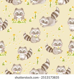 Patrón sin fisuras de mapaches adorables con Elementos florales sobre un fondo beige. Ideal para estampados de tela, Fondo de pantalla y proyectos decorativos.