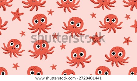 Seamless pattern of adorable red octopuses with large eyes and small starfish on a light pink background for nursery decor.