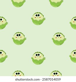  Seamless pattern with adorable round cabbages with smiling faces on a light green background. Cheerful design