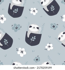 Seamless pattern with adorable sloth in little pockets. Suitable for different prints, nursery decoration, wrapping paper, wallpaper, cloth design.