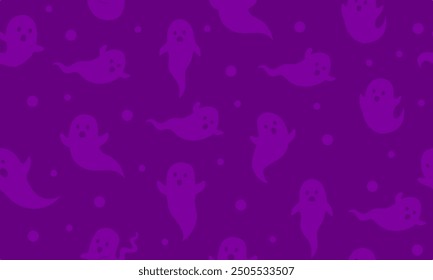 A seamless pattern of adorable, spooky ghost illustrations on a vibrant purple background. Perfect for Halloween-themed designs, party invitations, greeting cards, and festive decorations.
